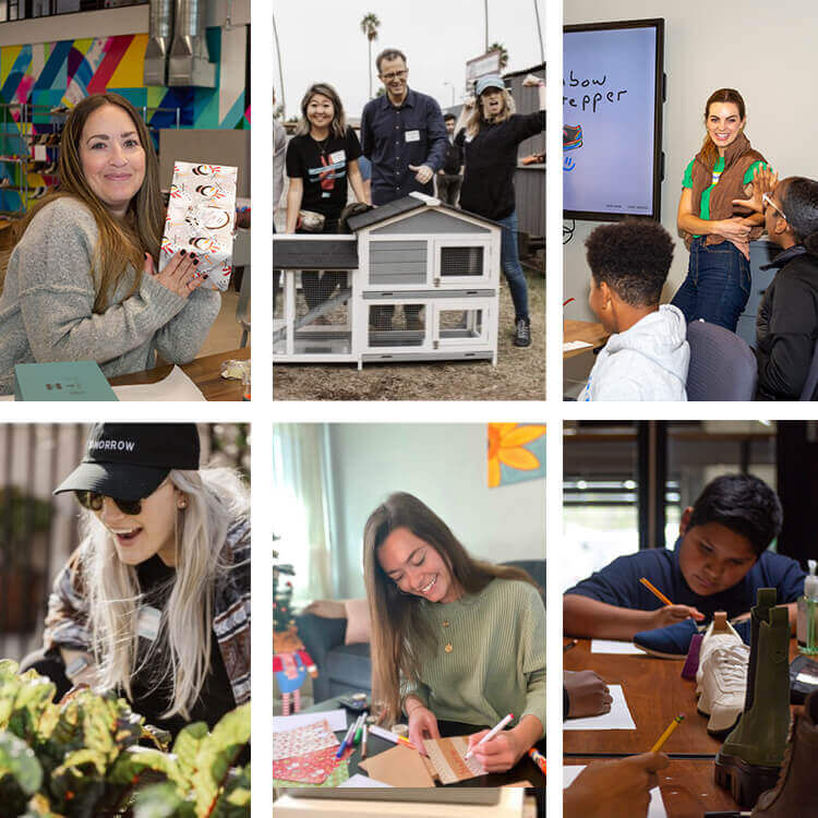 People volunteering: teaching, gardening, writing holiday cards, picking up trash, and building chicken coops.