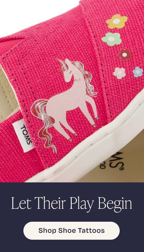 TOMS Pastel Unicorns Shoe Tattoos shown. Let Their Play Begin. Shop Shoe Tattoos.